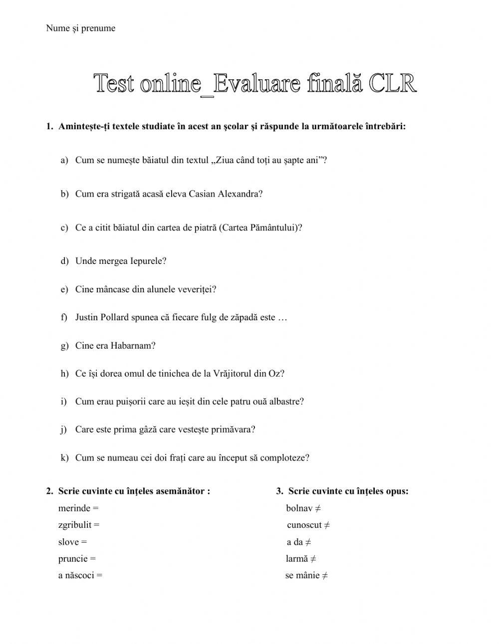 Evaluare finala-CLR worksheet | Live Worksheets