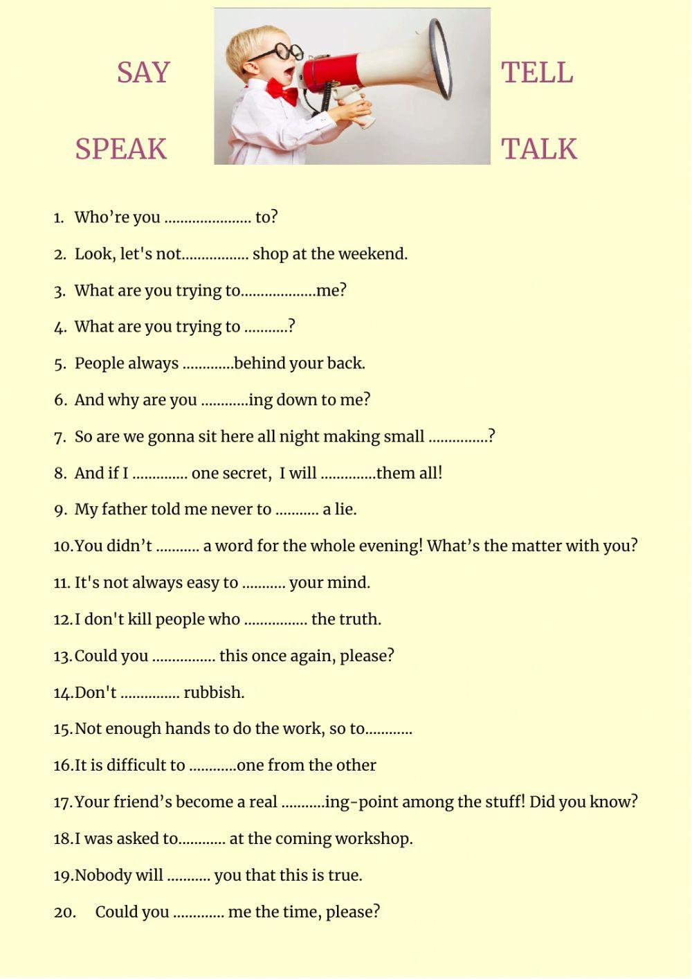 Say tell speak talk worksheet | Live Worksheets