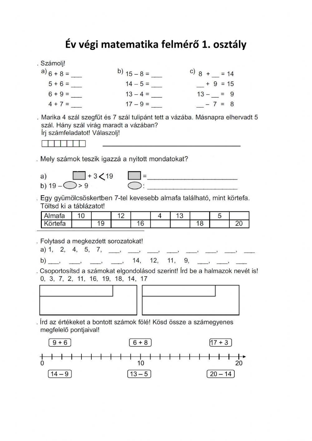 1. osztály matematika év végi felmérő worksheet | Live Worksheets