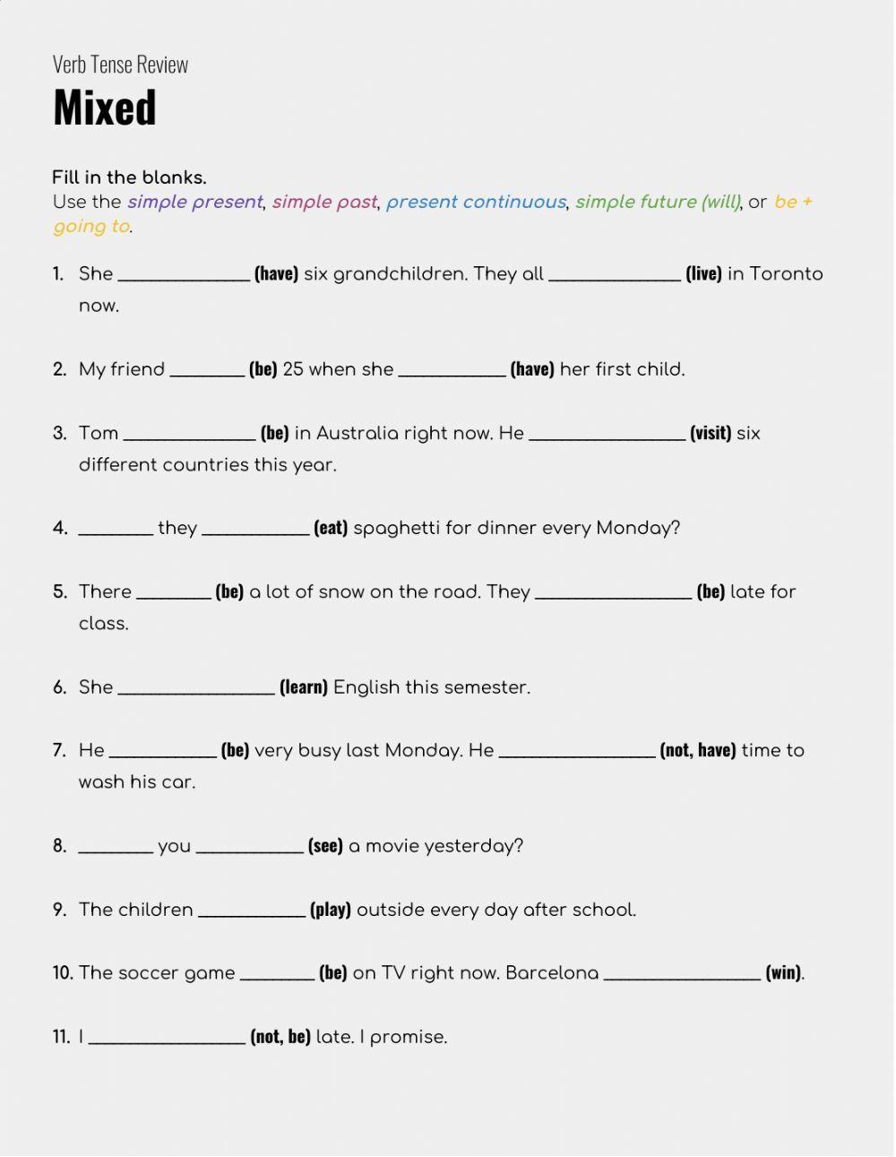 Verb Tenses Review - Mixed worksheet | Live Worksheets