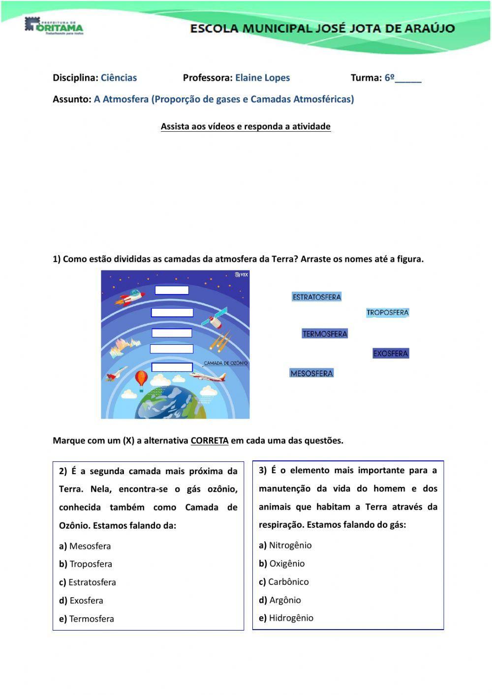 Camadas da Atmosfera e Composição do ar (6 ano) worksheet | Live Worksheets