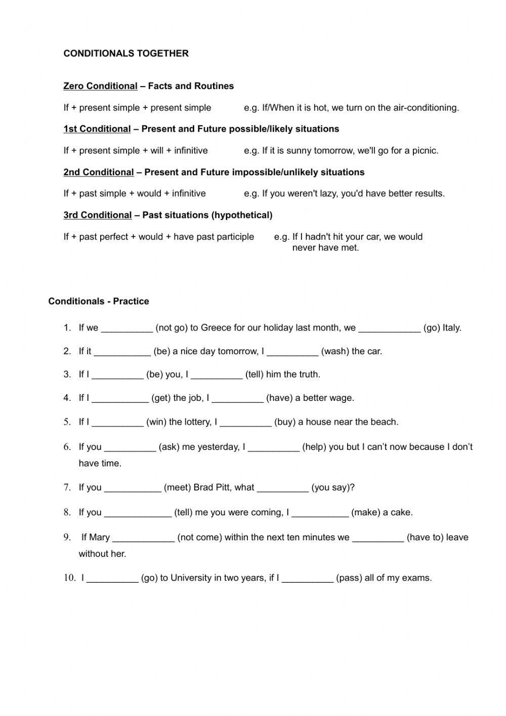0 1 2 3 conditional exercise worksheet | Live Worksheets