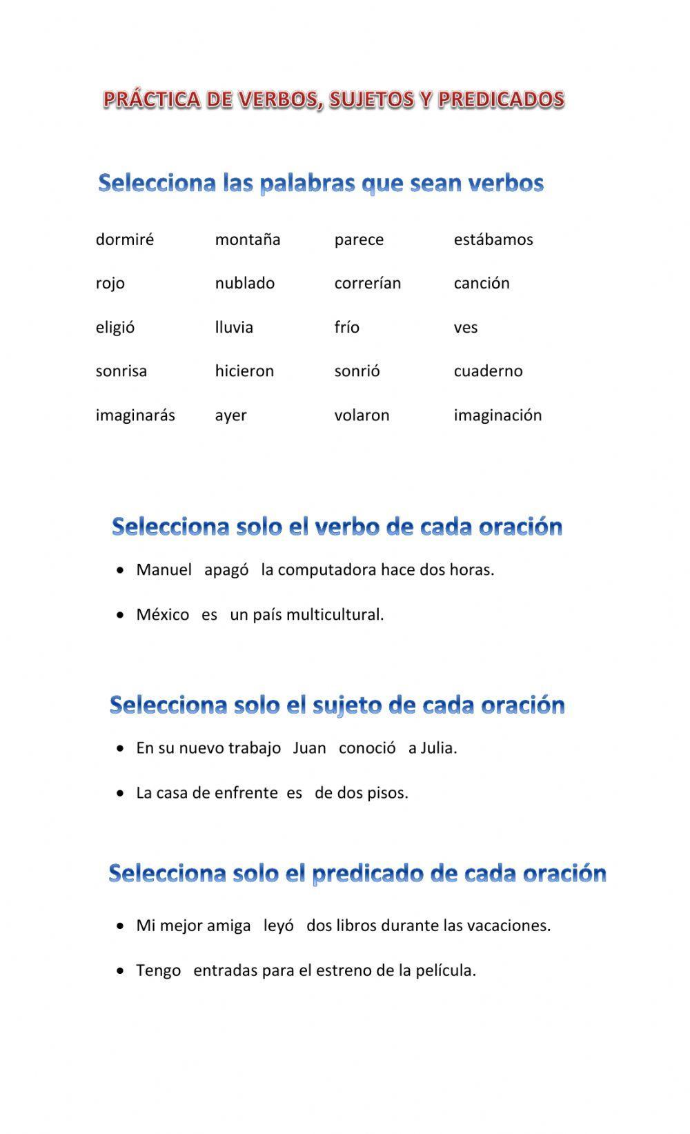 Sujeto, verbo y predicado worksheet | Live Worksheets