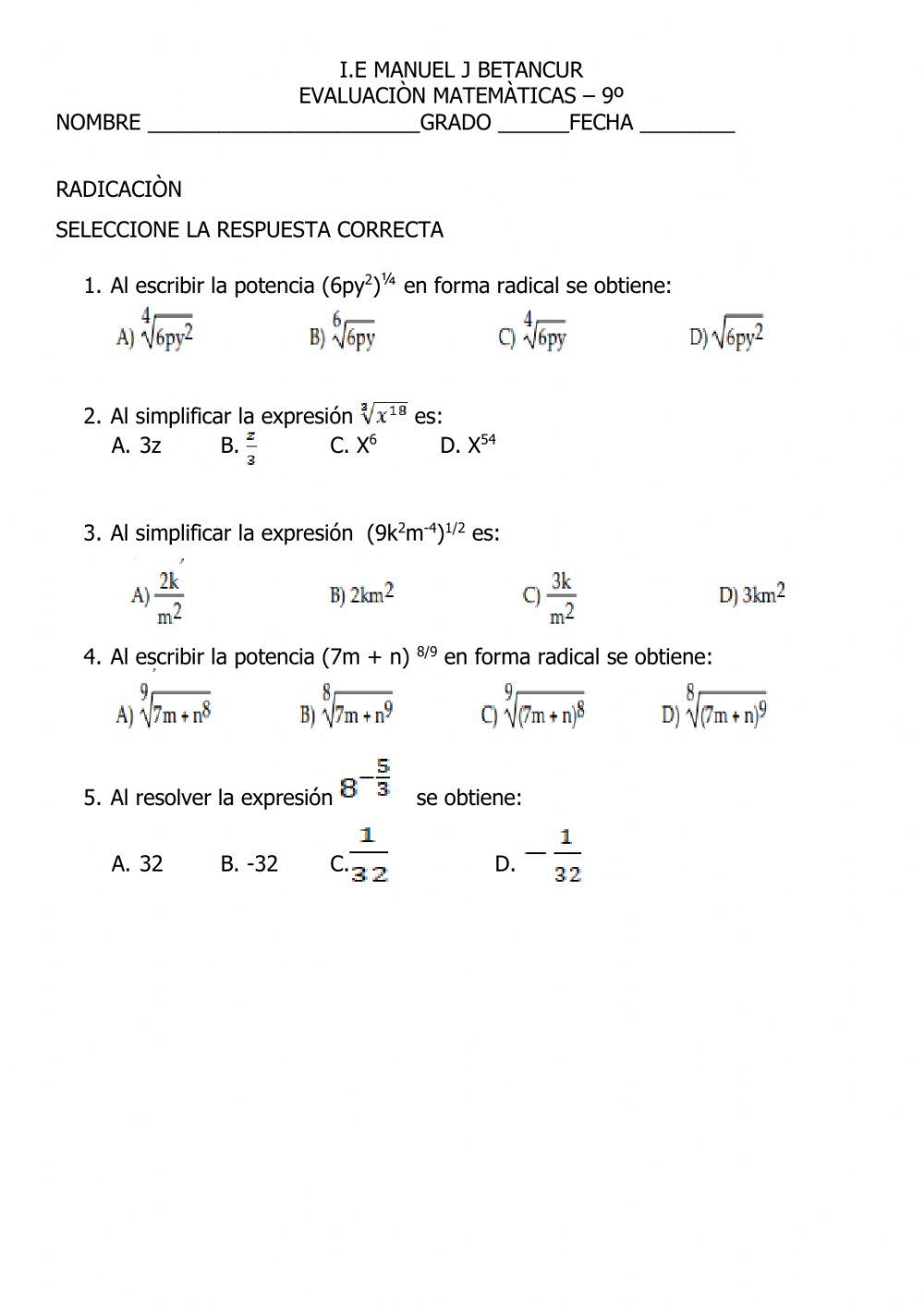 Simplificação de radicais interactive worksheet