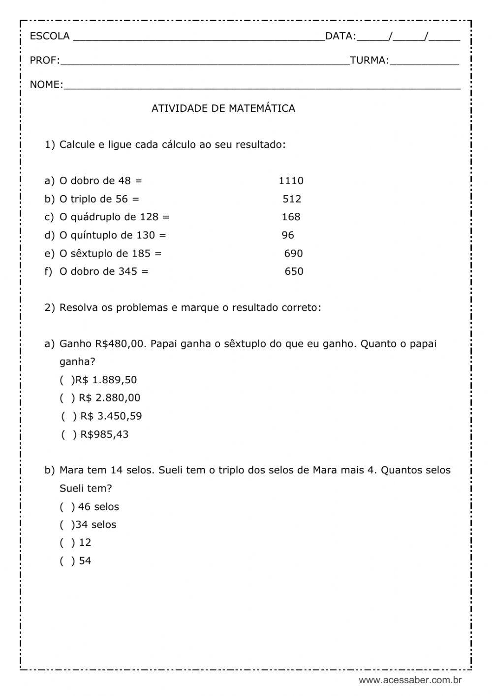 Atividade de matemática 4 ano worksheet