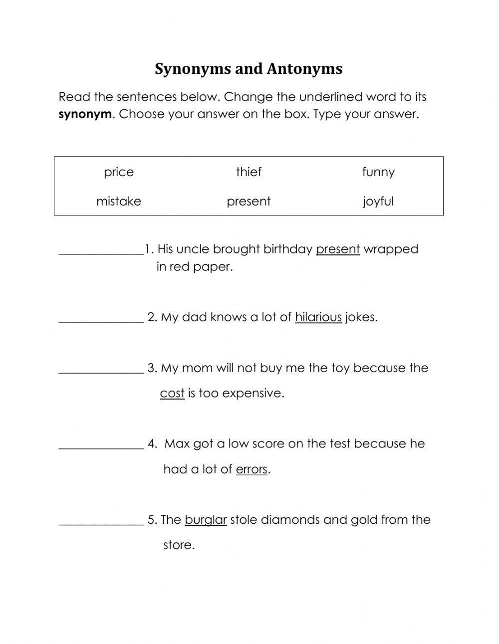 Synonyms And Antonyms Activity For Grade 6 Live Worksheets