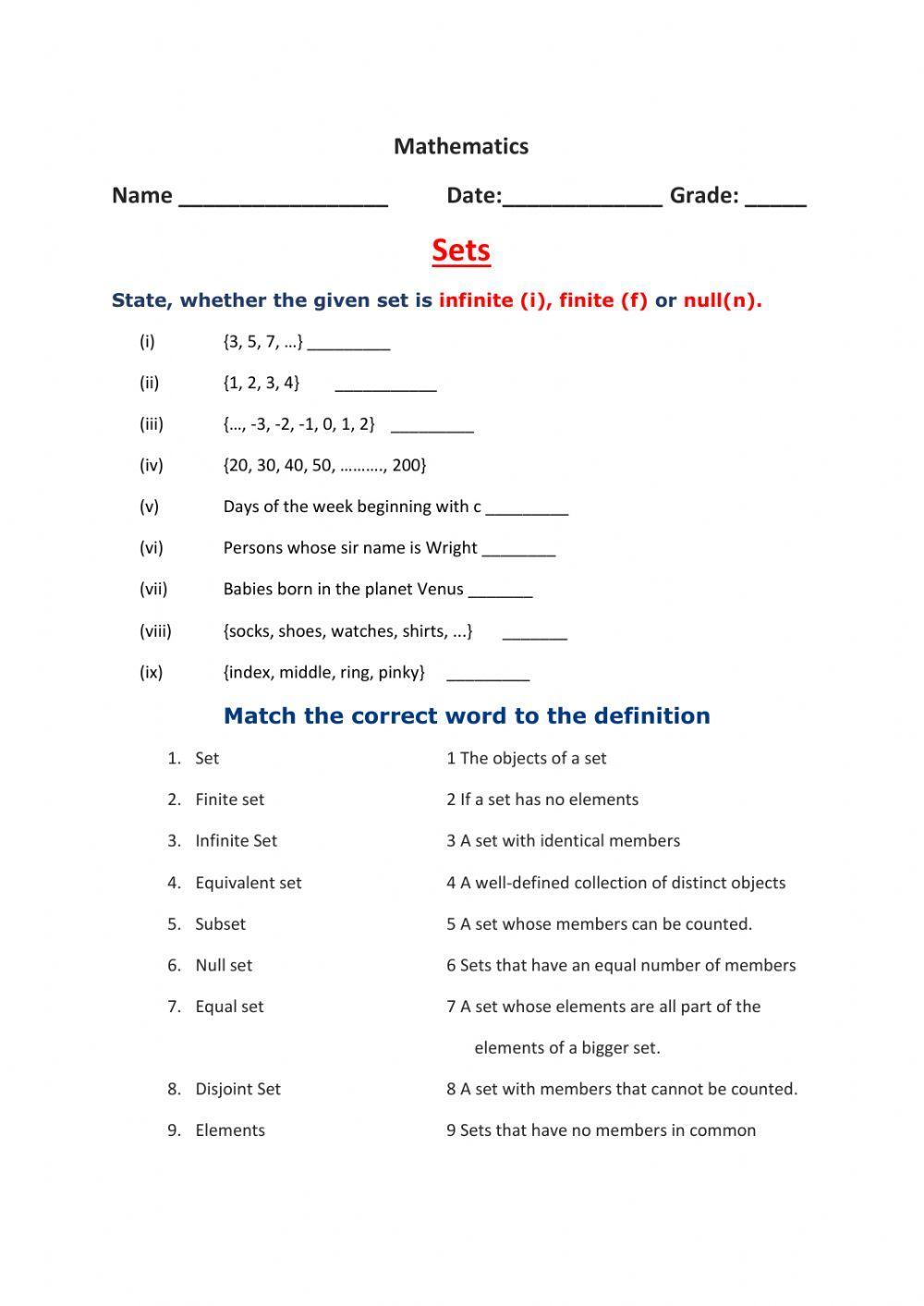 Types of sets worksheet | Live Worksheets