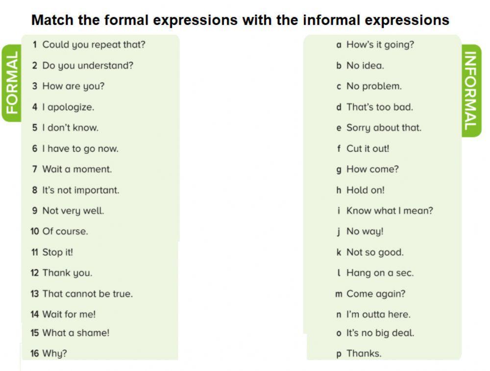 Informal and formal expressions worksheet | Live Worksheets