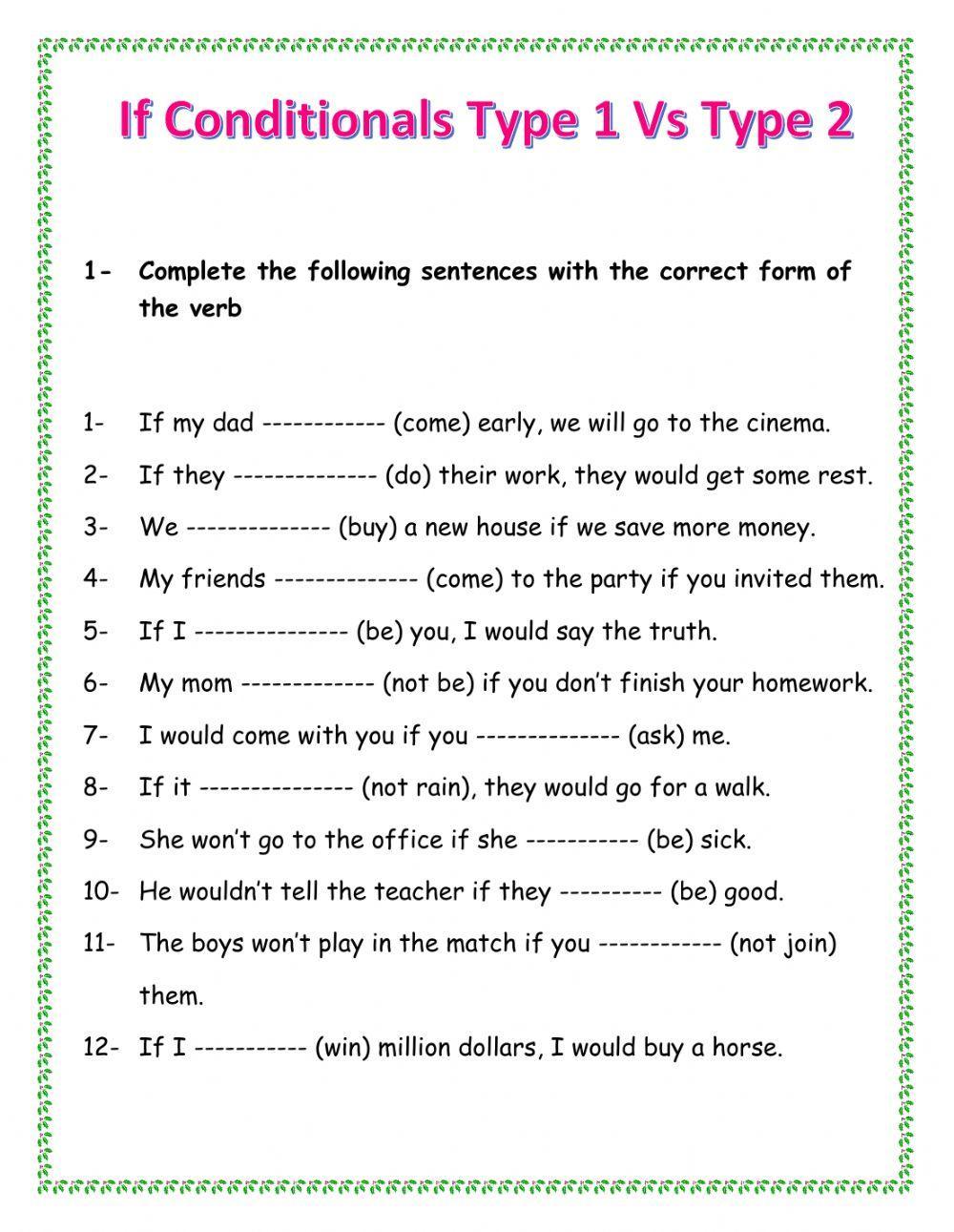 If Conditional Type 1 vs Type 2 worksheet | Live Worksheets