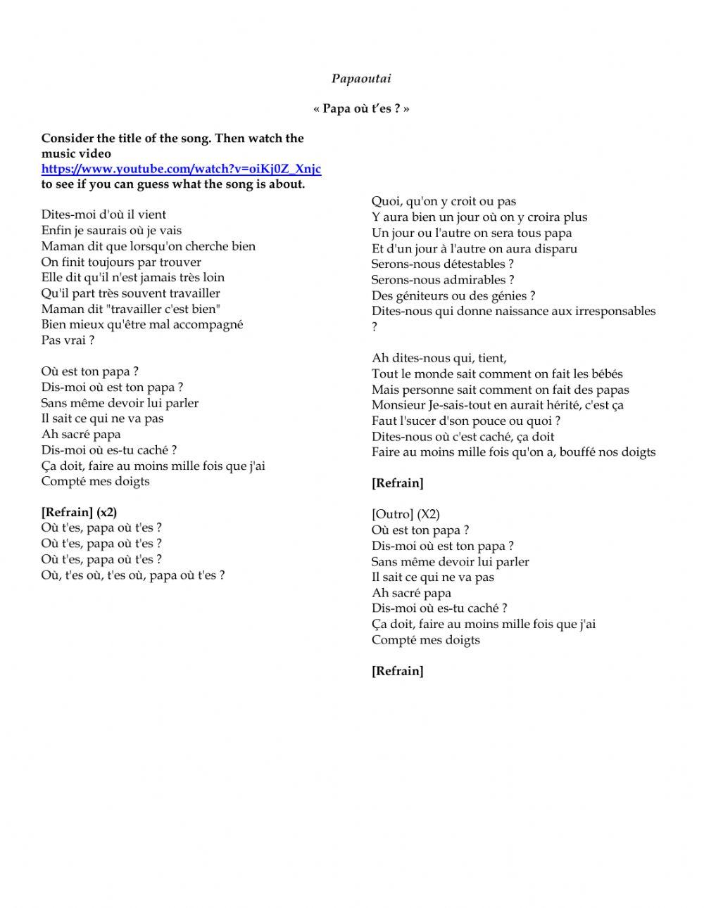Papaoutai- Stromae online exercise for | Live Worksheets