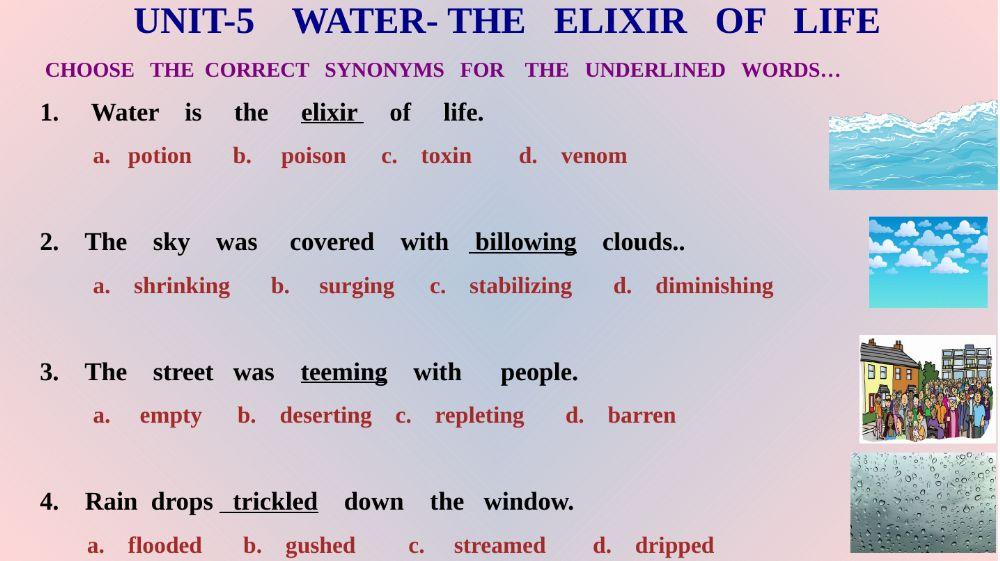Water- the elixir of life-Synonyms... worksheet | Live Worksheets
