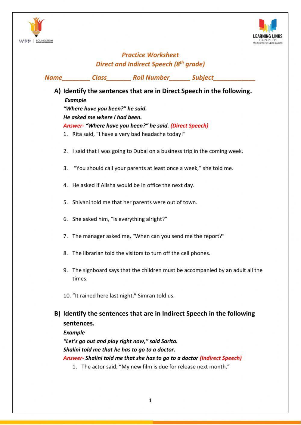 direct indirect speech worksheet for class 4