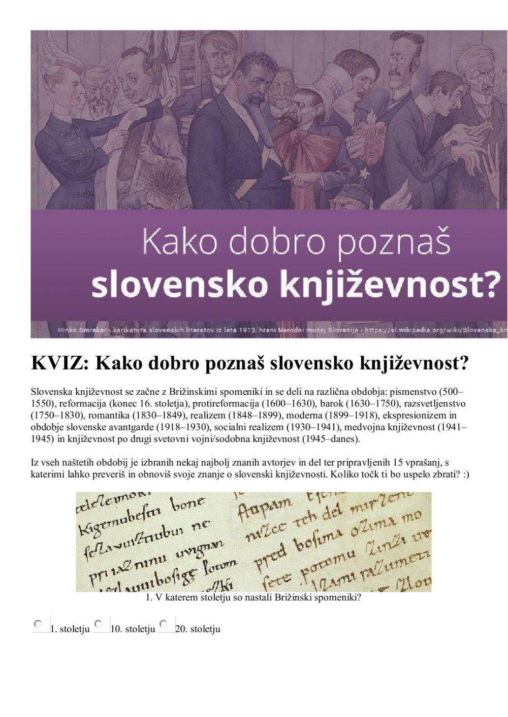 Kviz o slovenski književnosti online exercise for | Live Worksheets