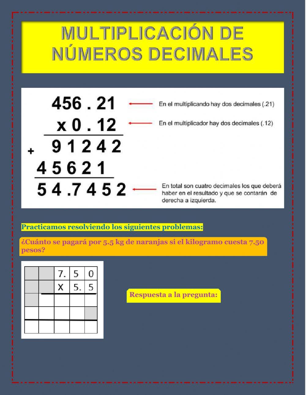 Multiplicación de números decimales exercise | Live Worksheets
