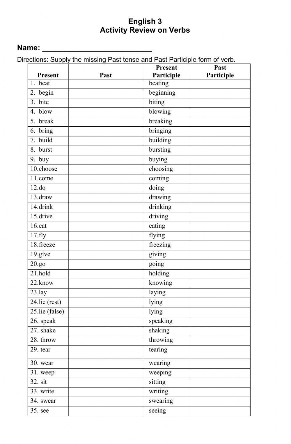 English 3 Verb Tenses and Form of Verb worksheet | Live Worksheets