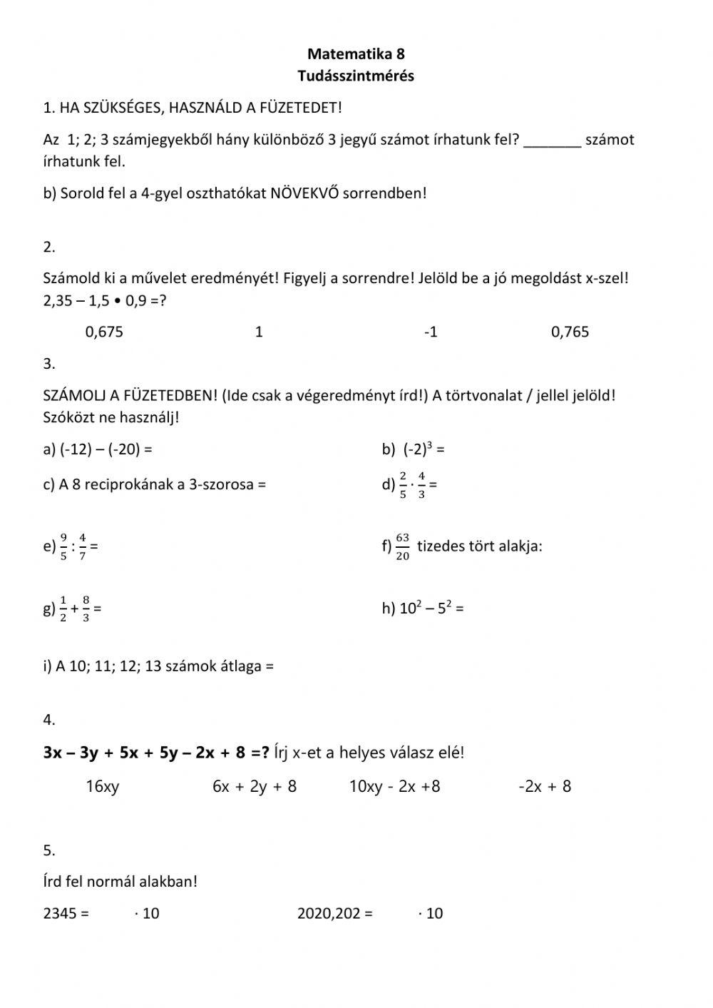 Tájékozódó mérés, matematika 8 worksheet | Live Worksheets