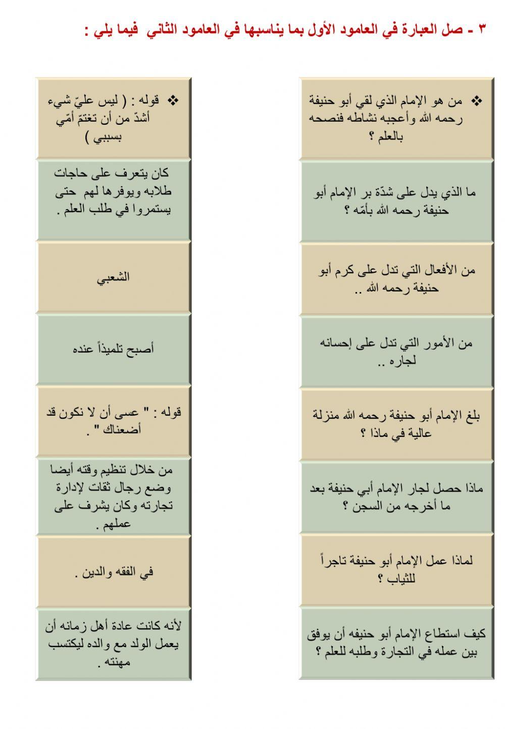 ورقة عمل لدرس الإمام أبو حنيفة رحمه الله ( 1)ـ