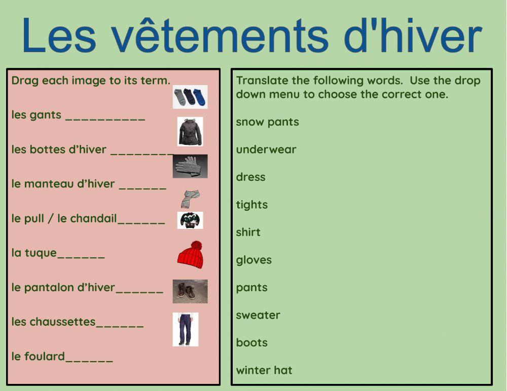Vêtements d'hiver: Drag and Translate worksheet | Live Worksheets