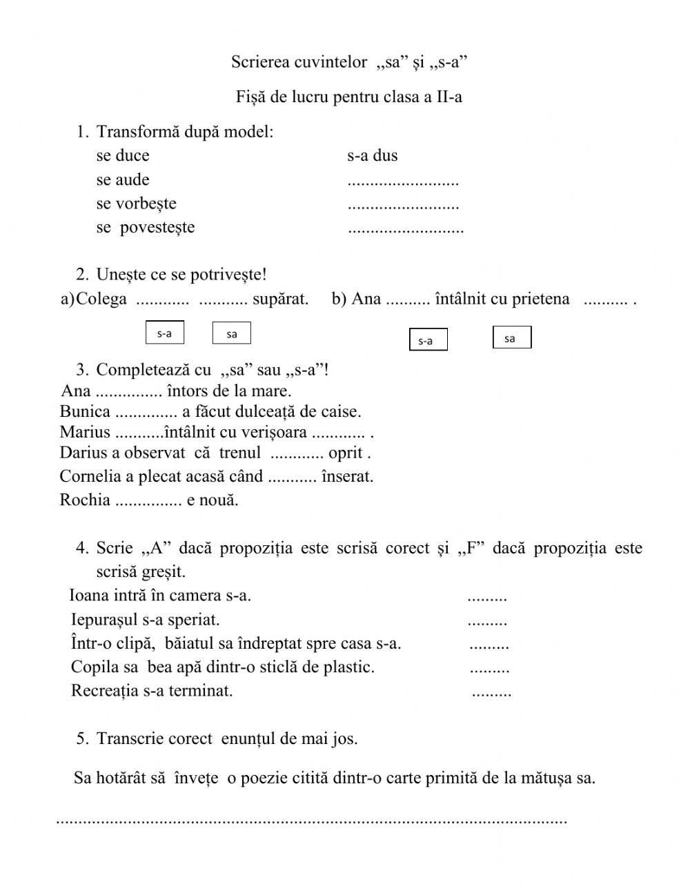 Fisa de evaluare - clasa a II-a( sa și s-a) worksheet | Live Worksheets