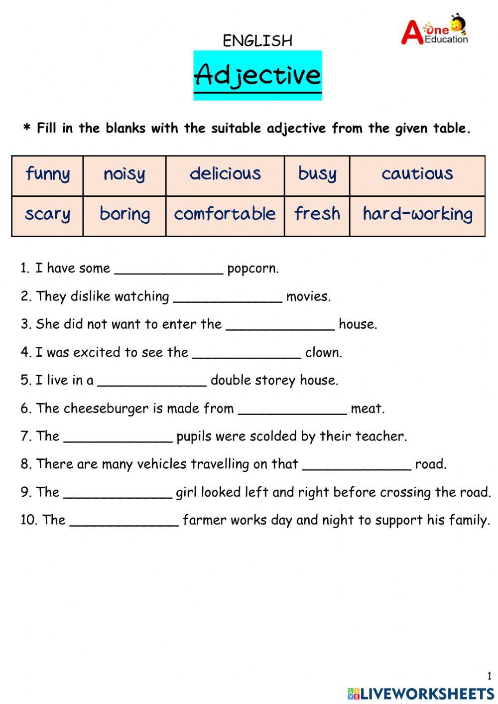 Adjective interactive worksheet for Year 4 | Live Worksheets
