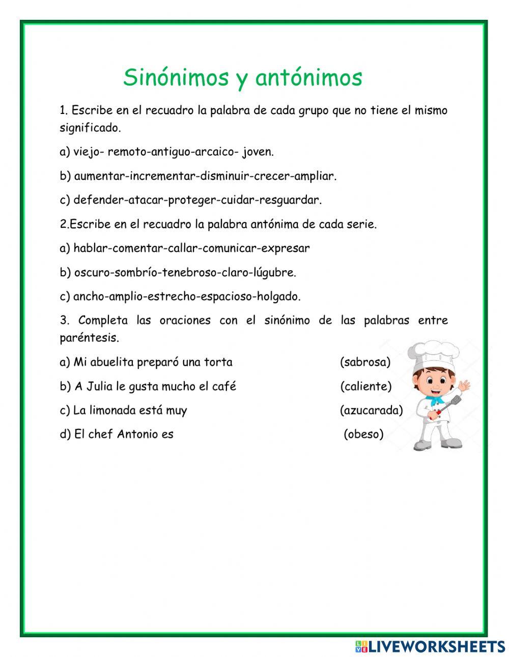 Sinónimos y antónimos online exercise for 3er grado | Live Worksheets