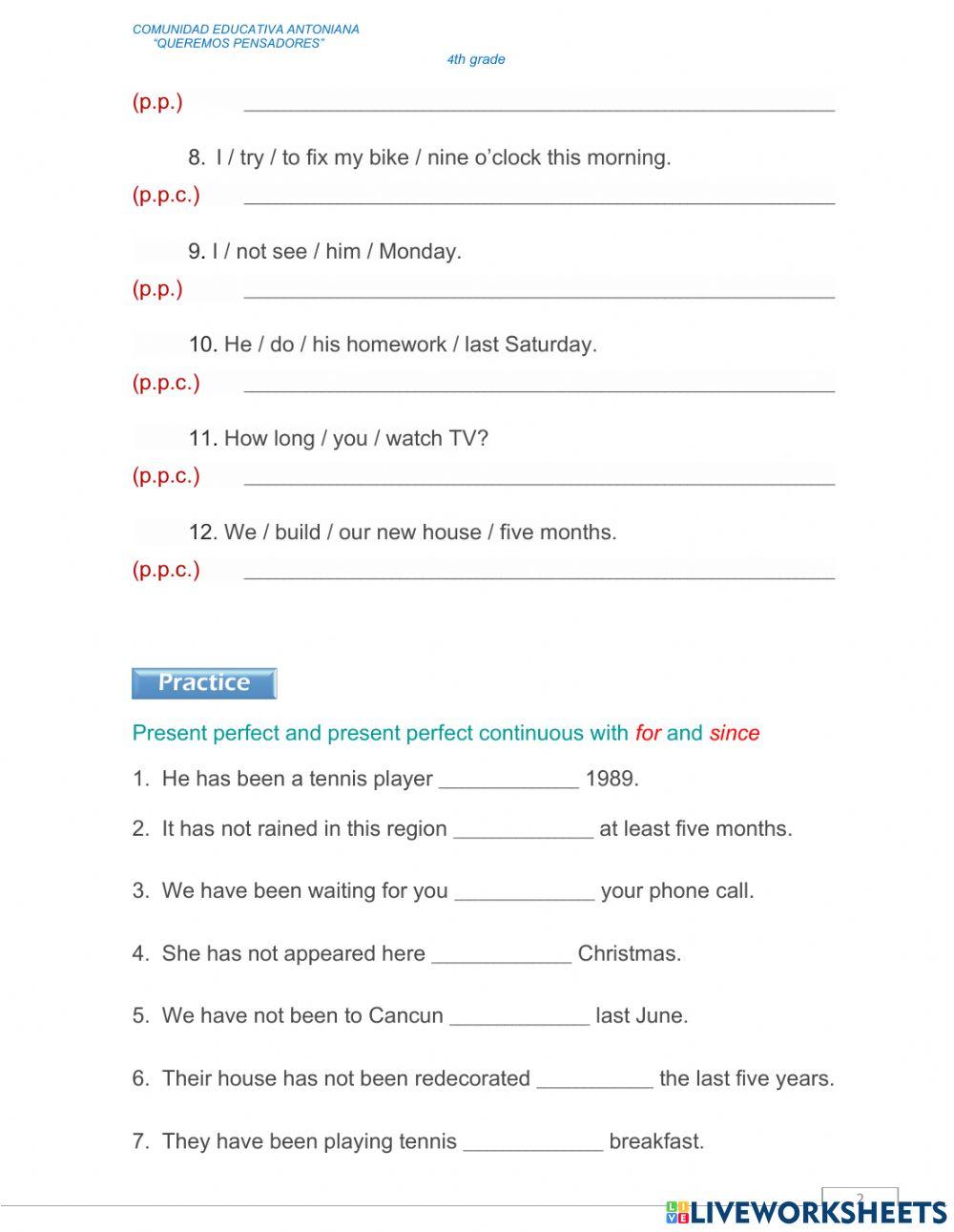 Present perfect continuous online exercise for 4th | Live Worksheets