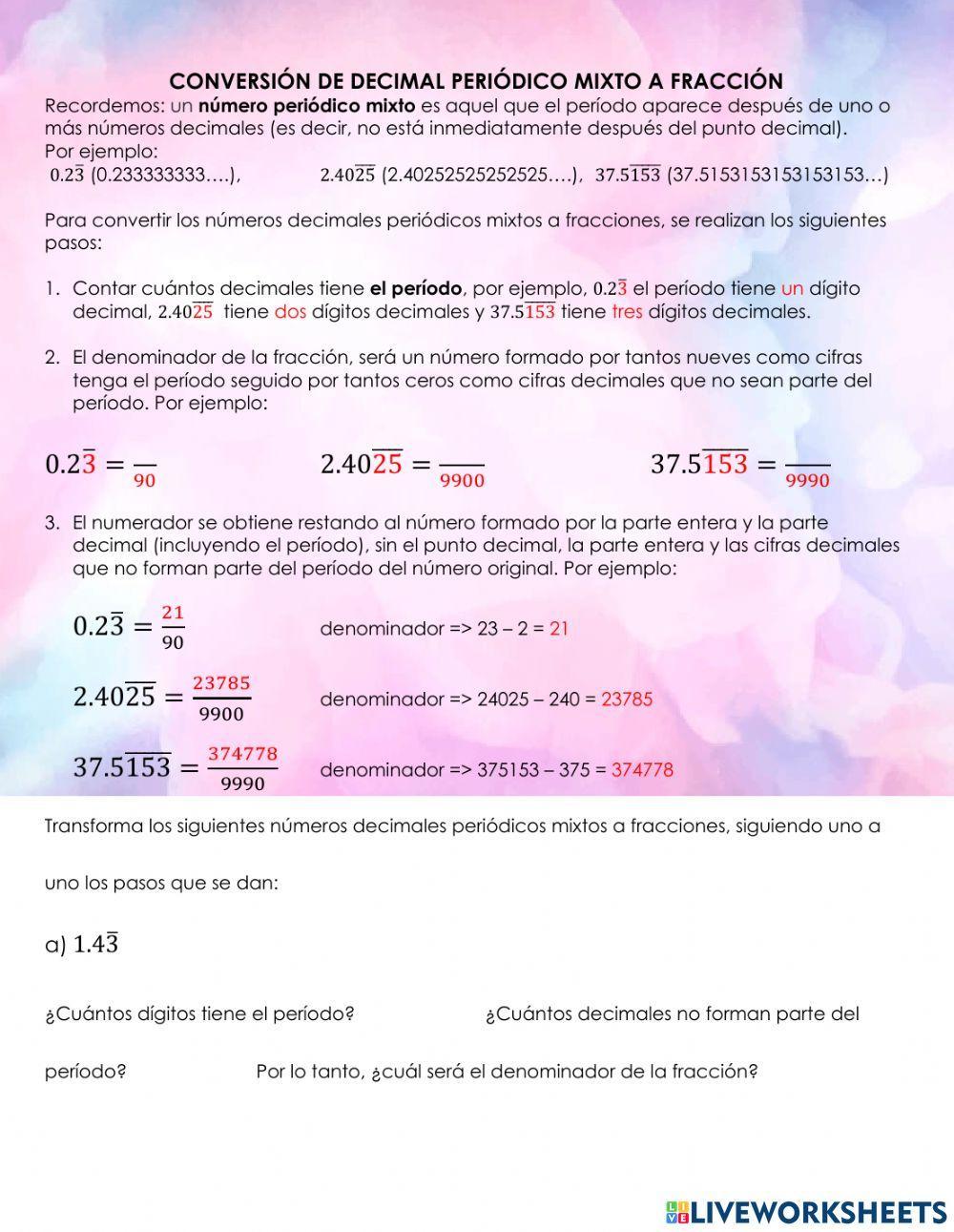 Conversión decimal periódico mixto a fracción worksheet | Live Worksheets