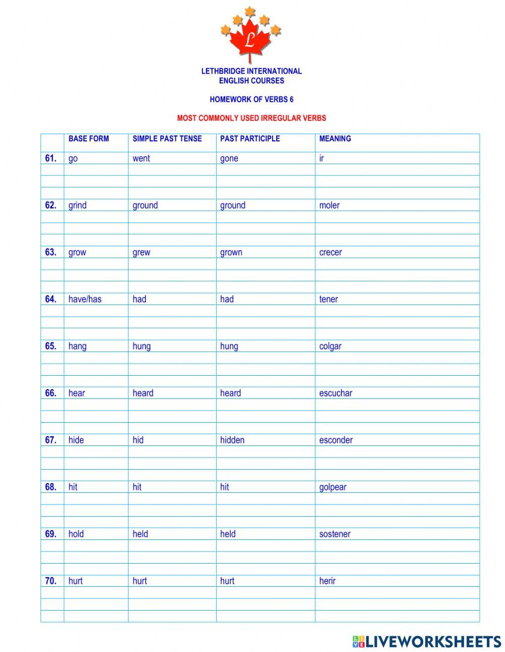 Homework of verb 6