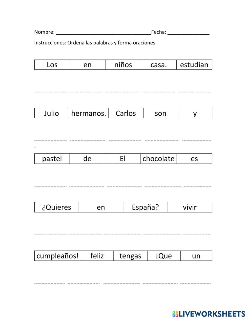 Ordenando oraciones interactive worksheet | Live Worksheets