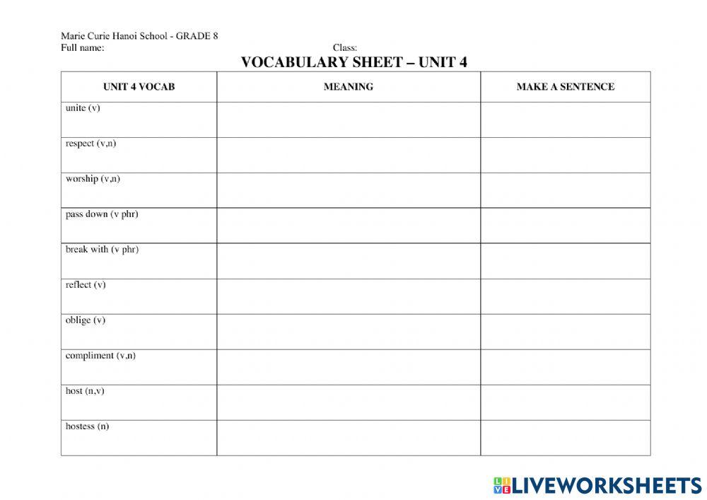 G8 - Unit 4 - Vocabulary sheet