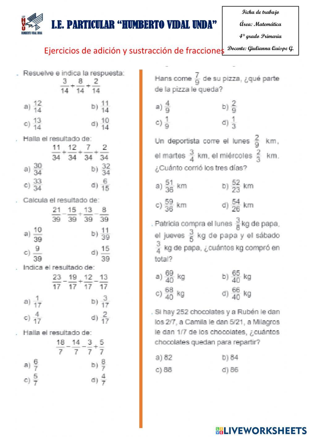 Ejercicios de adicion de fracciones