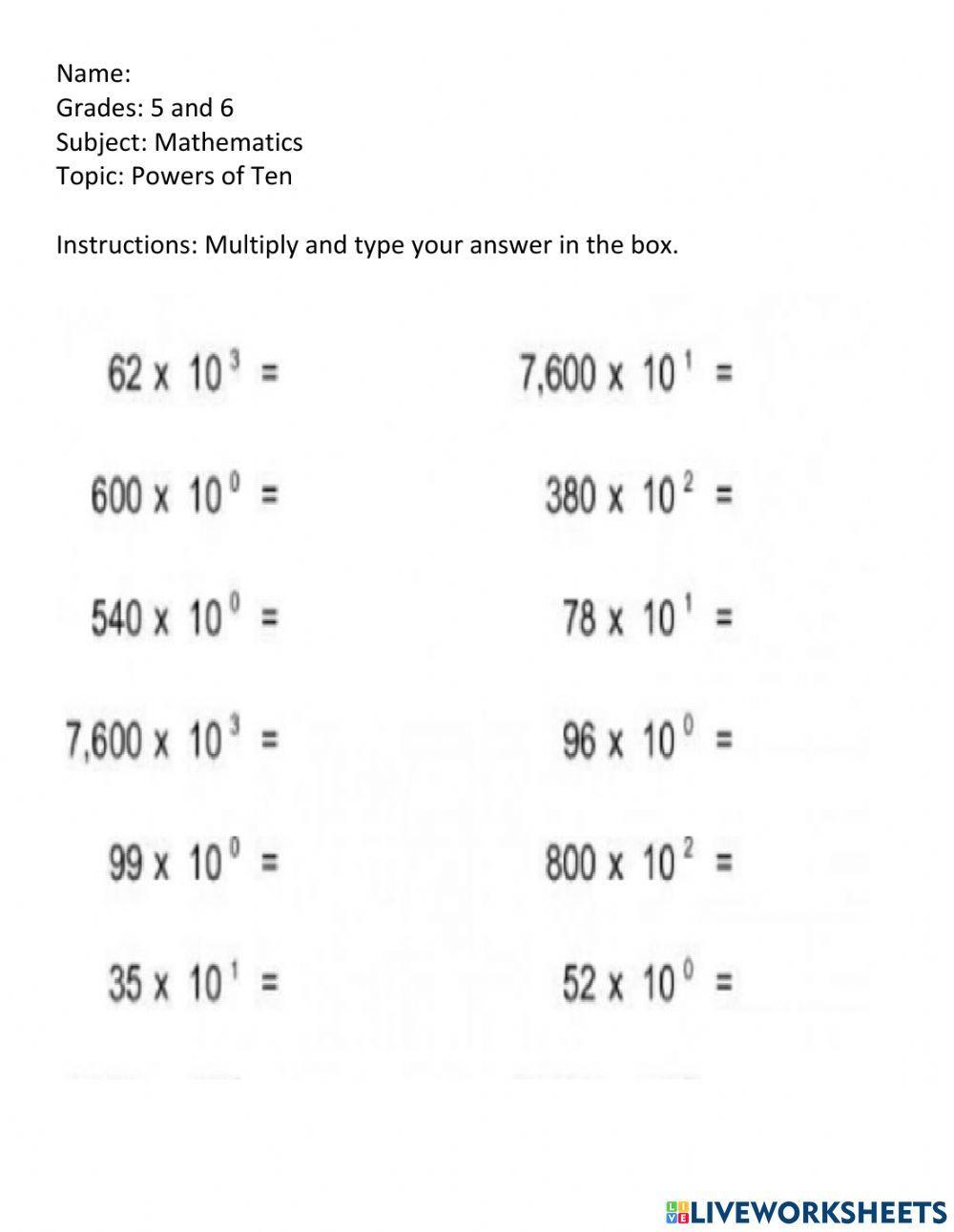Powers of Ten exercise | Live Worksheets