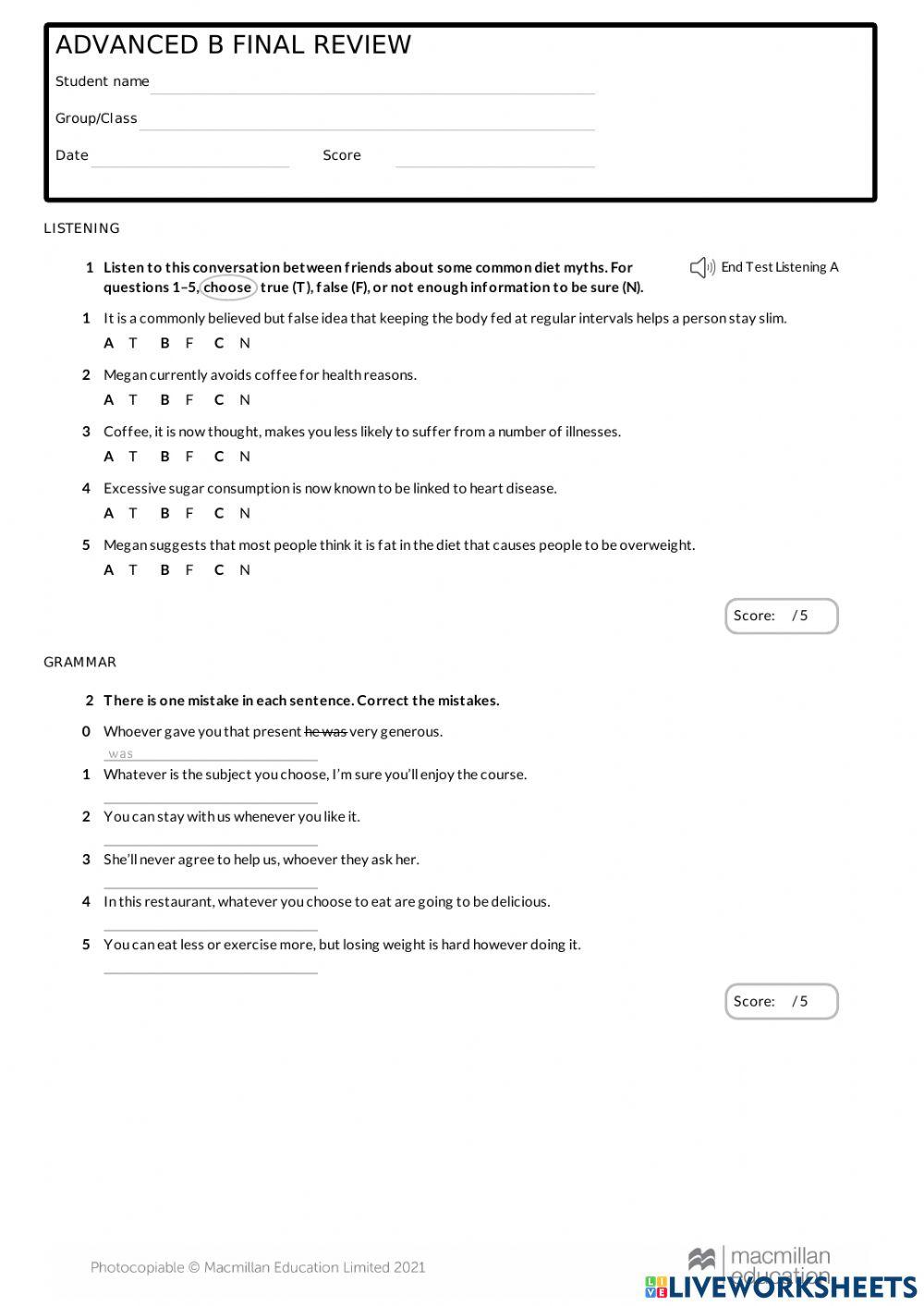 ADVANCED B FINAL REVIEW online exercise for | Live Worksheets