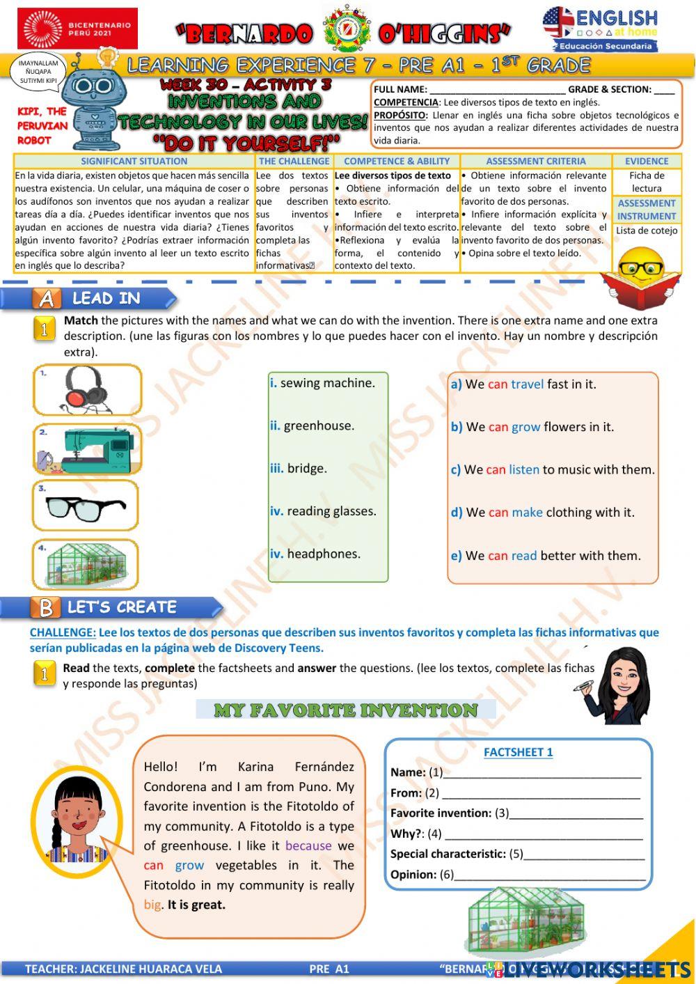 1° PRE A1 - EDA 7 - activity 3 -  Aprendo en casa