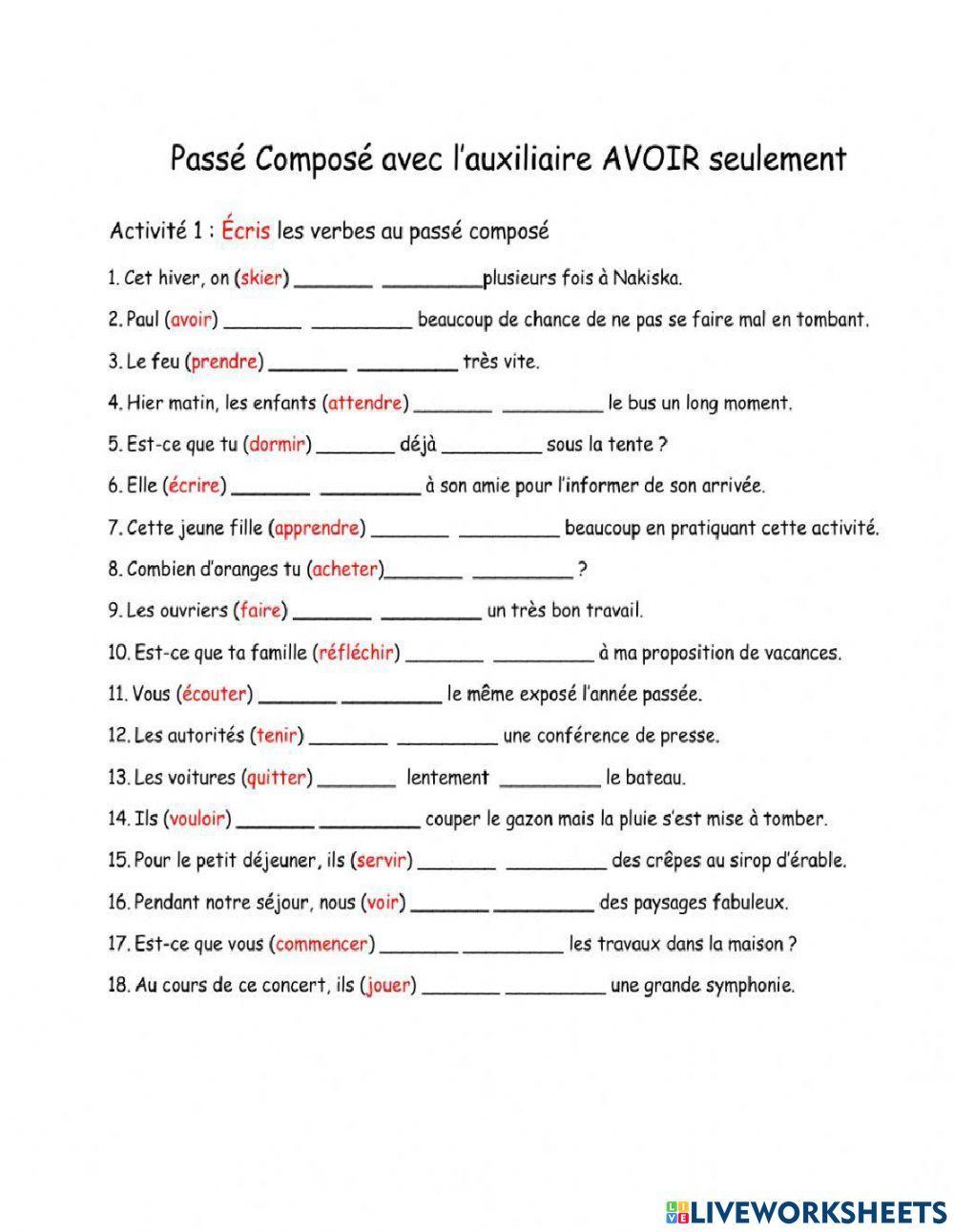 Passé composé exercise for CM2 | Live Worksheets