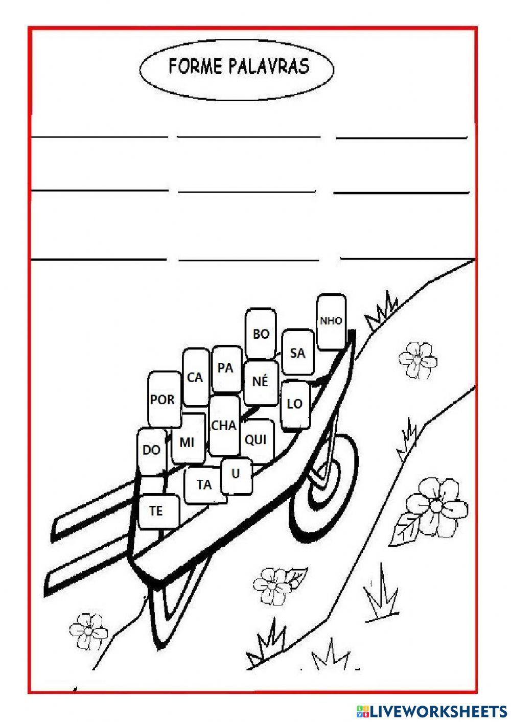 Forme 9 palavras com as sílabas que estão no carrinho e anote nas linhas.  worksheet | Live Worksheets