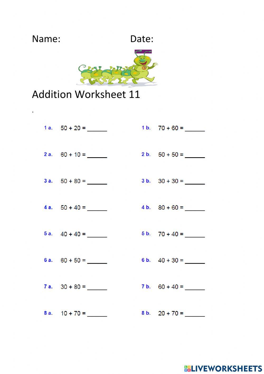 Addition Worksheet 11 worksheet | Live Worksheets