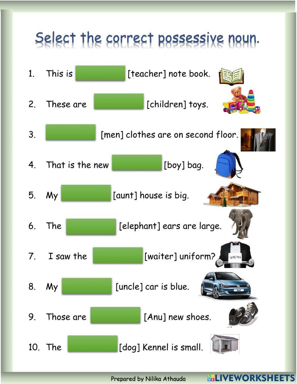 Possessive nouns interactive worksheet for Grade 4 | Live Worksheets