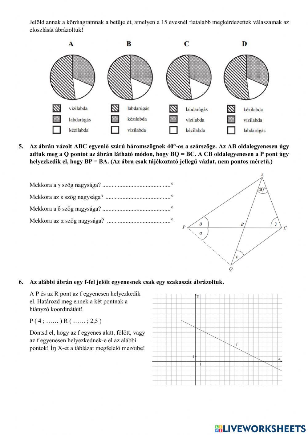 Matematika felvételi feladatlap 2015 worksheet | Live Worksheets