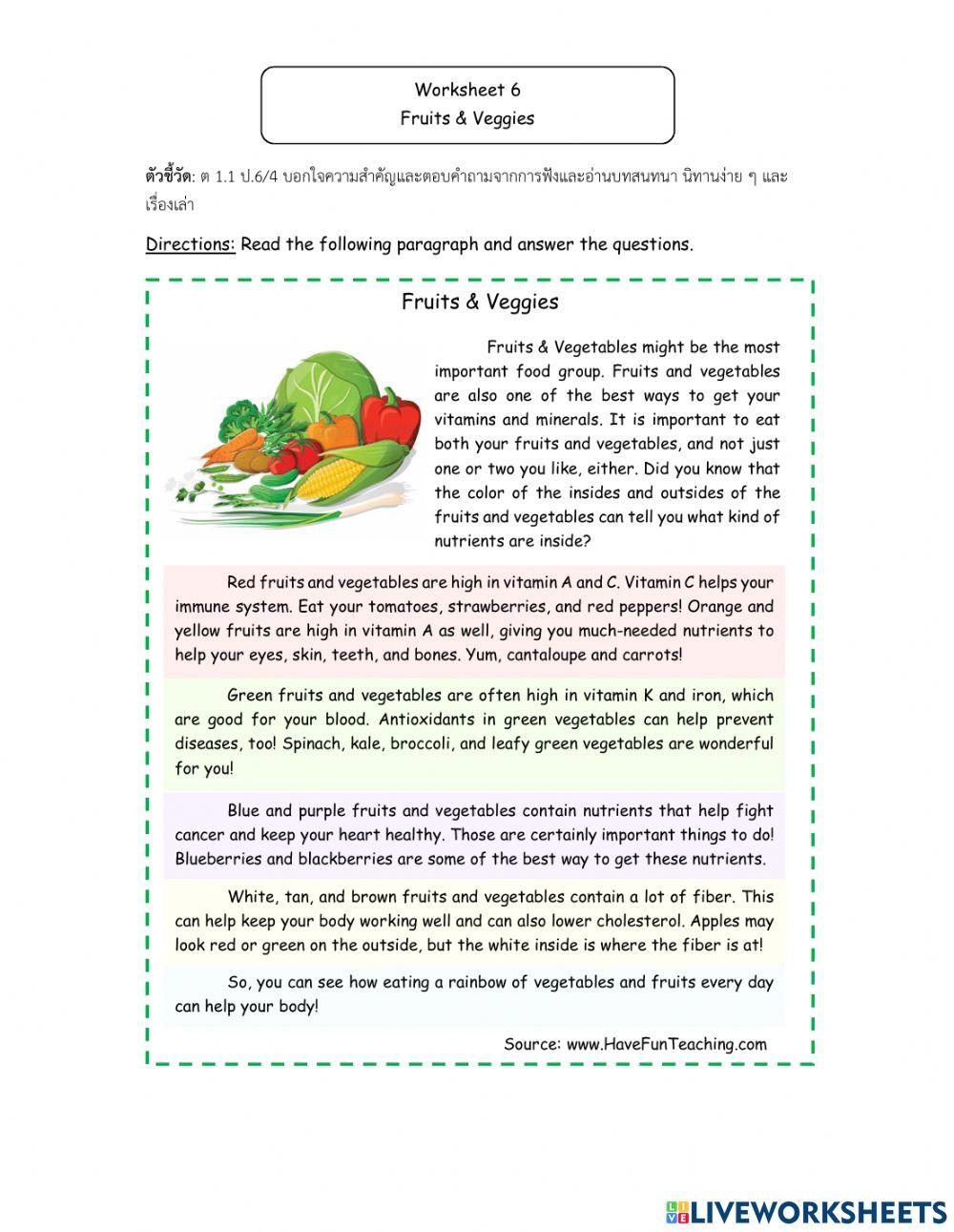 Unit 5.4 : Reading - Fruits and Vegetables online exercise for | Live ...