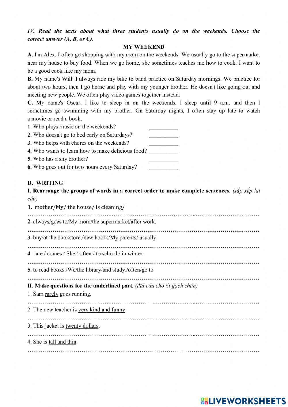 Bài tập ôn thi cuối học kì i tiếng anh 6 worksheet | Live Worksheets