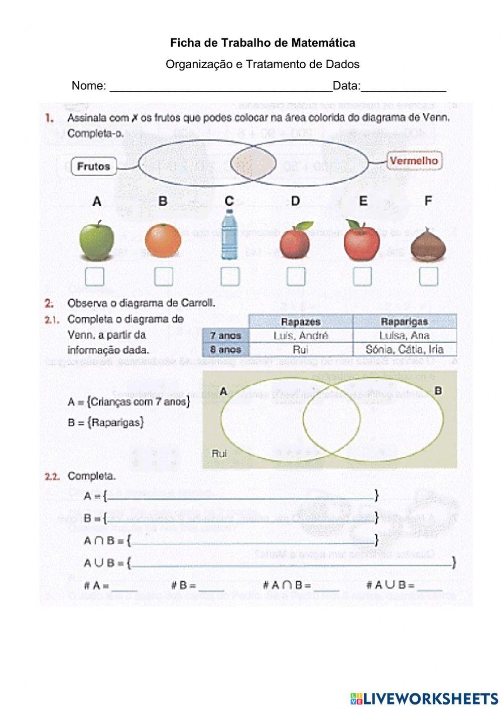 Exercícios Para Praticar (Diagrama de Venn, Tabelas de Dupla Entrada,  Diagrama Em Árvore), PDF