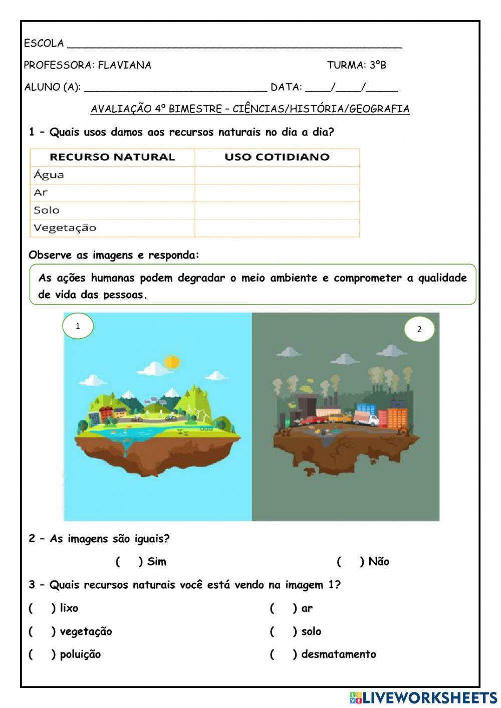 Avaliação conhecimentos gerais worksheet