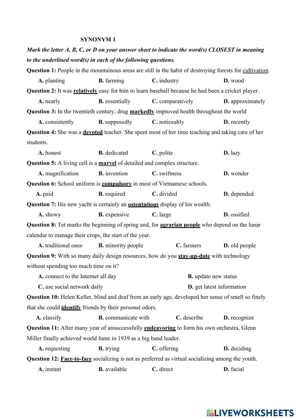 SYNONYM 1 online exercise for | Live Worksheets
