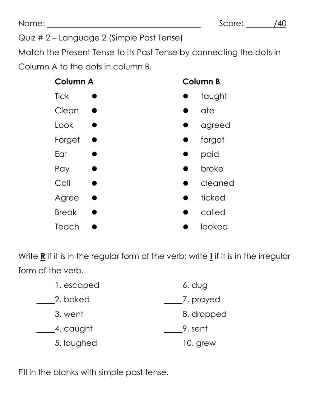 Simple Past Tense online exercise for Grade 2 | Live Worksheets