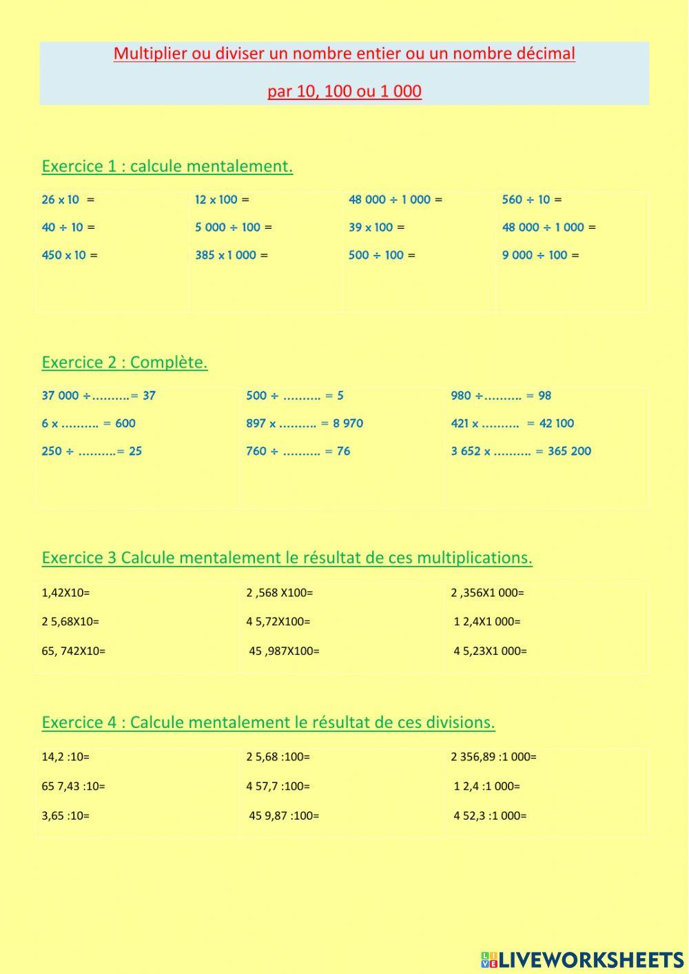 Miltiplier ou diviser des entiers ou des décimaux par 10, 100 ou 1 000