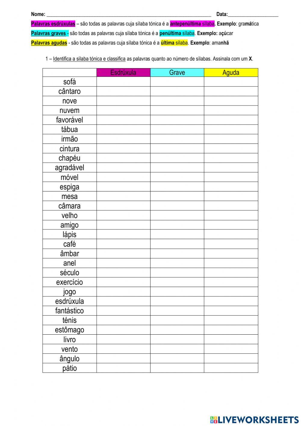 Classificação de palavras quanto à sílaba tónica worksheet | Live Worksheets