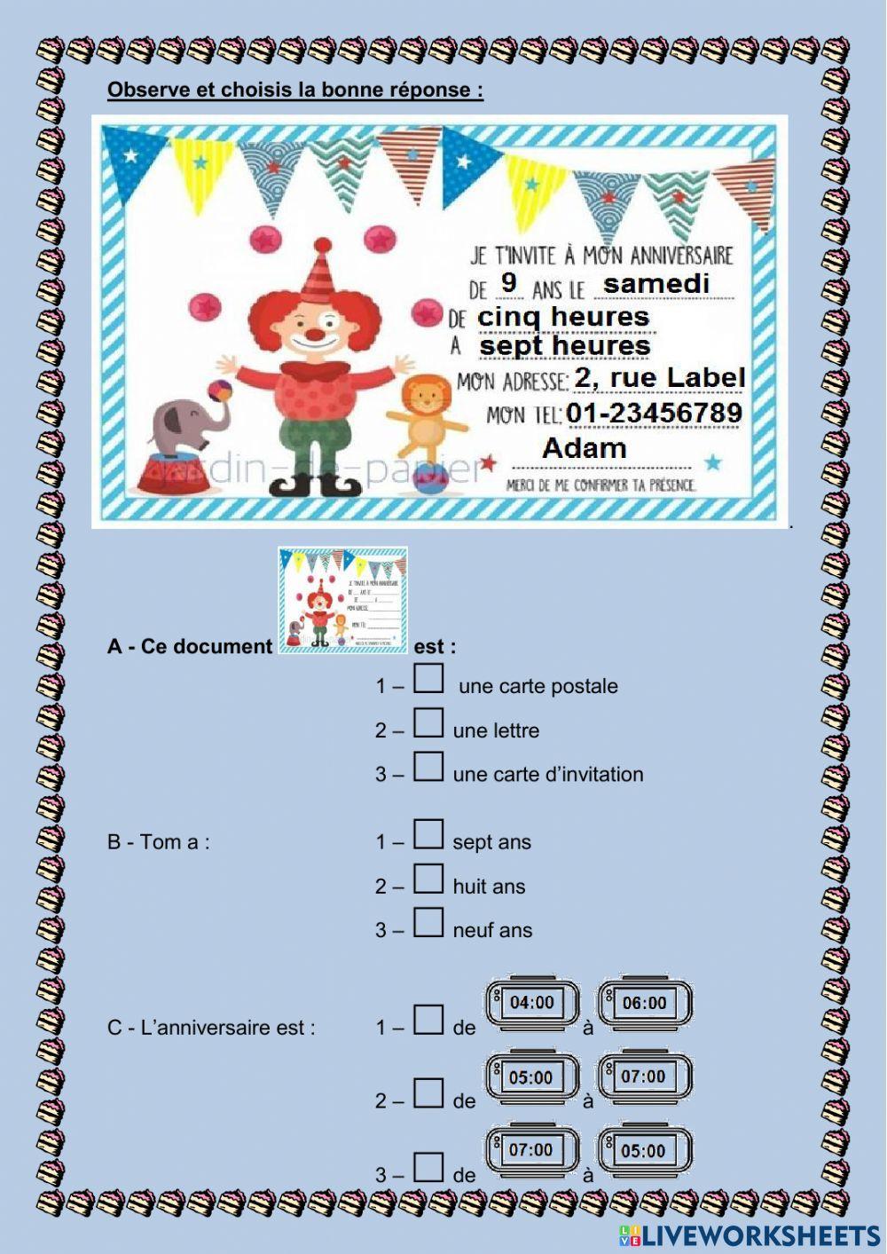 La carte d'invitation worksheet