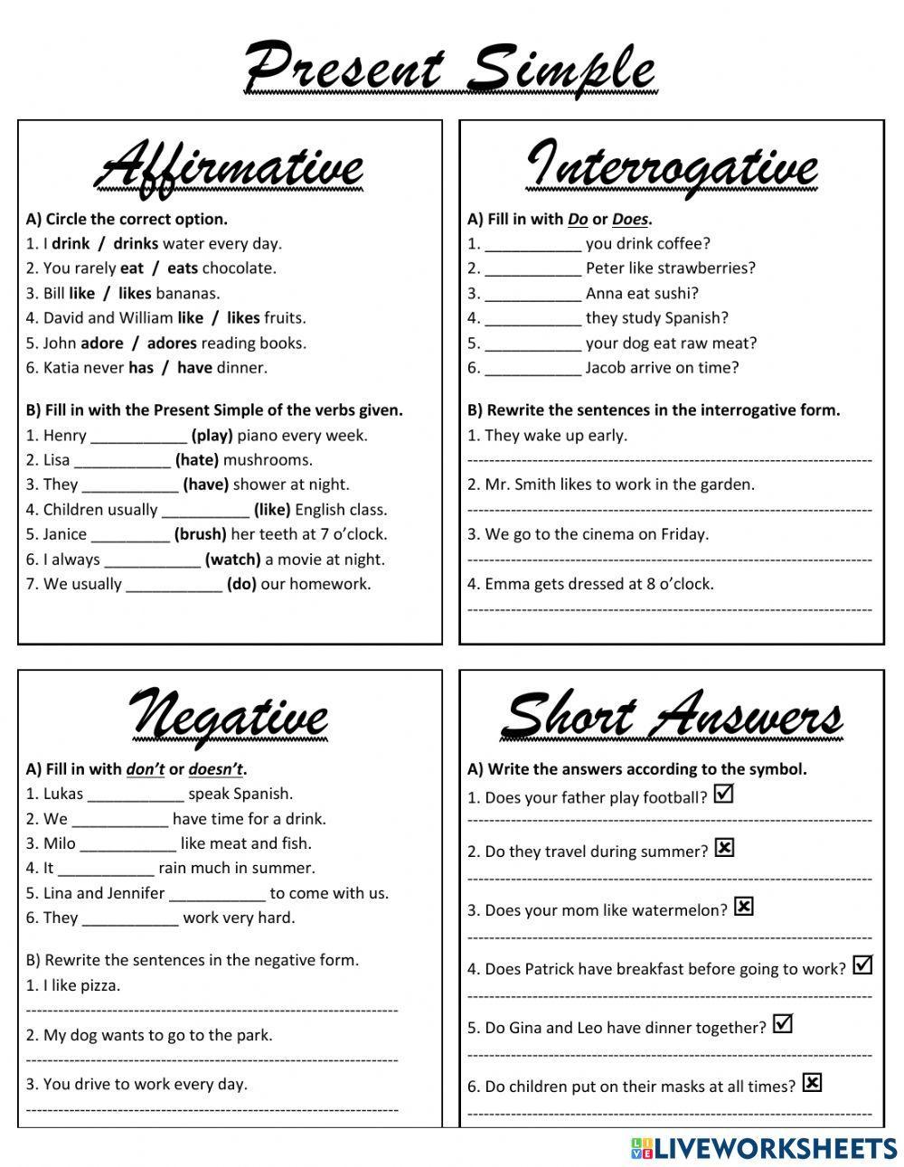 Present simple: affirmative, negative and interrogative forms.