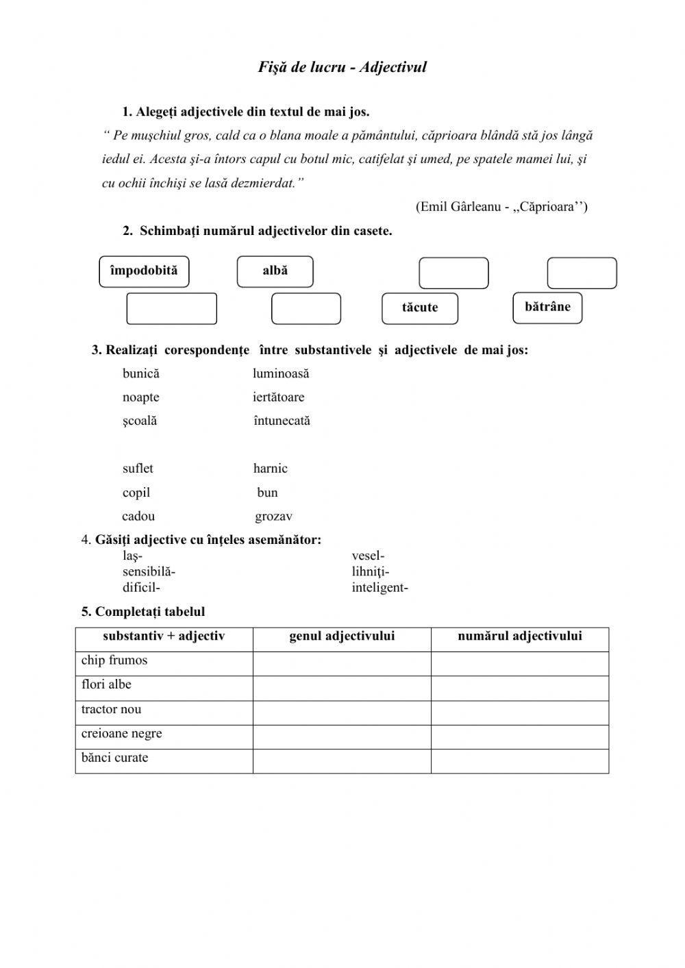 Fisă de lucru - Adjectivul worksheet | Live Worksheets